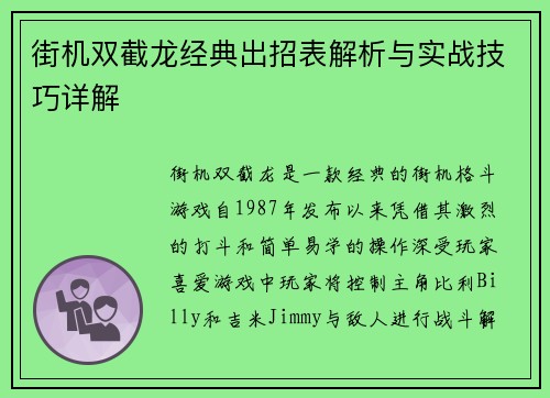 街机双截龙经典出招表解析与实战技巧详解